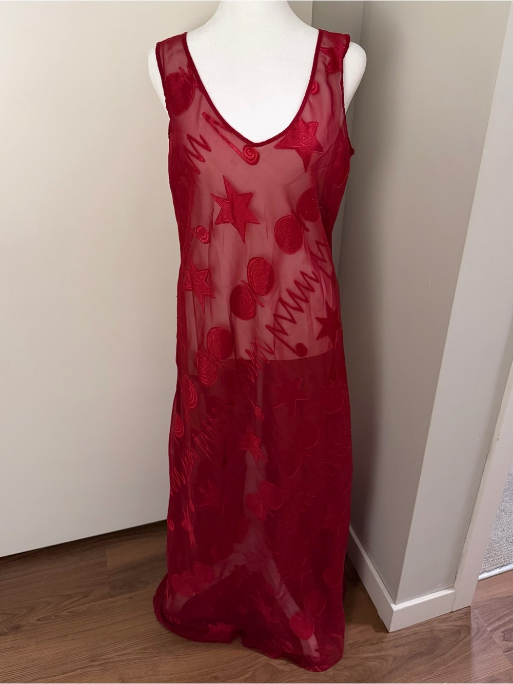 VS Vintage Gold Label Sheer Maxi Dress Geometric Star Embroidered